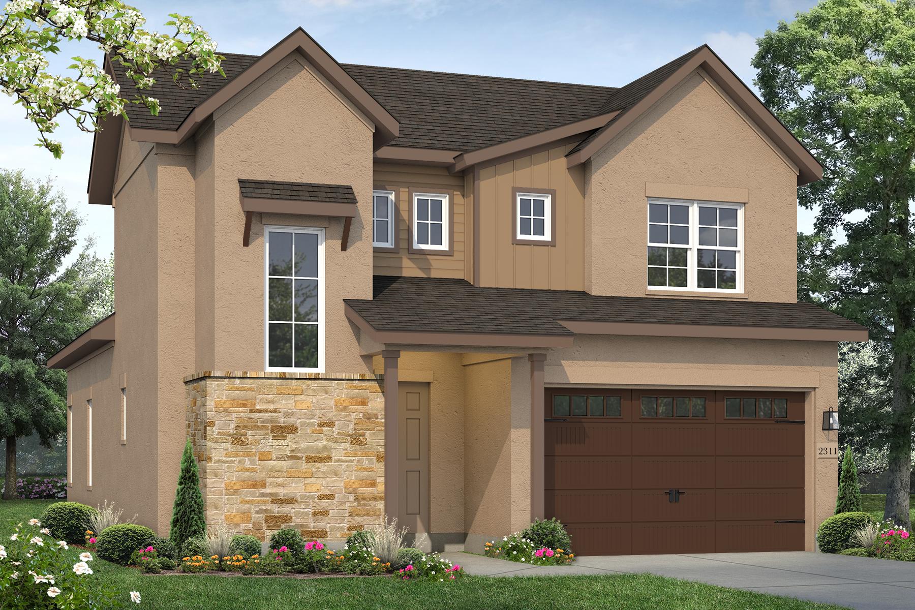 Rendering of two story home with medium brown stucco, orange tone stone accent, and brown trim, front door, and garage