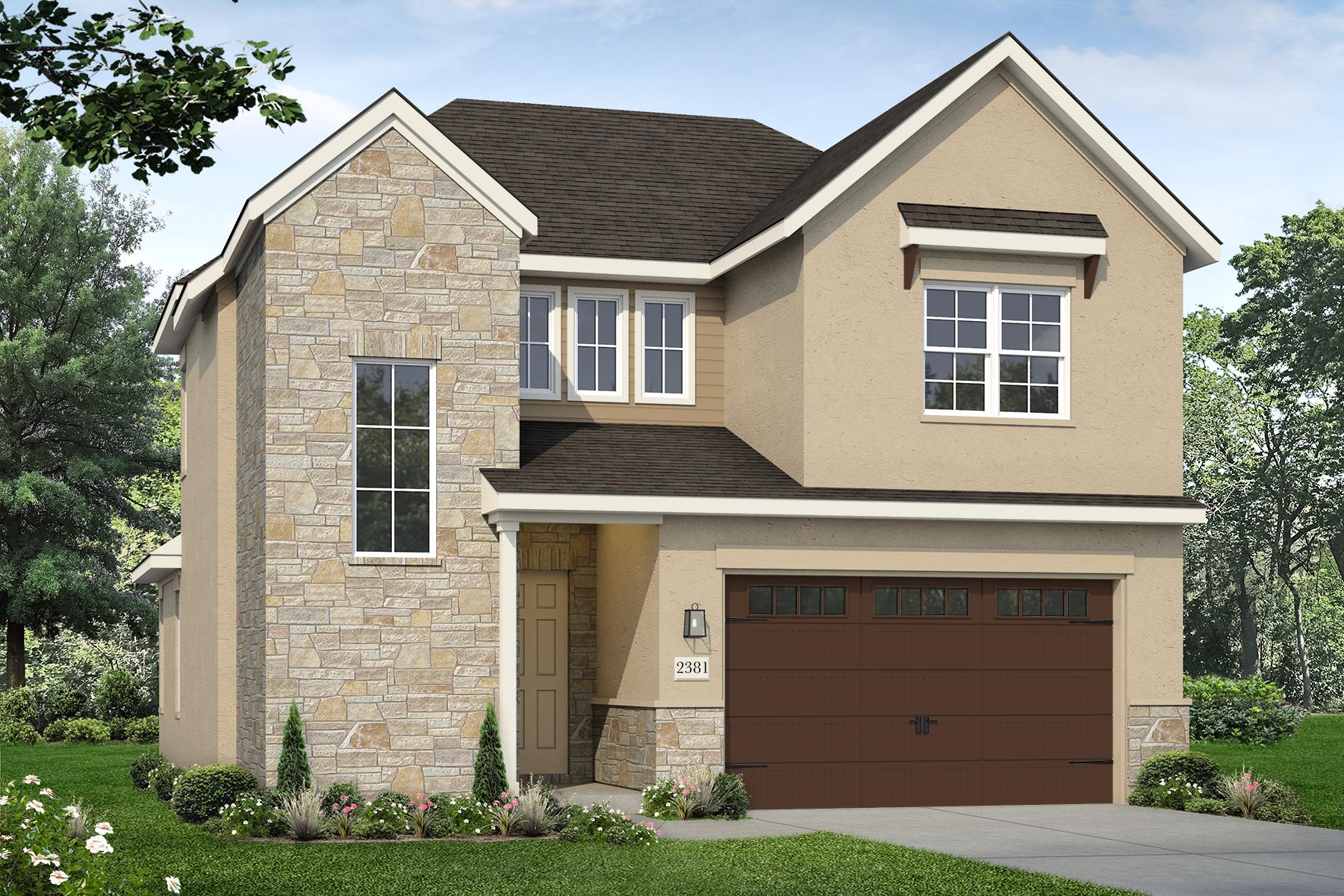 Rendering of two story home with beige stucco, yellow blend stones, light trim and brown garage