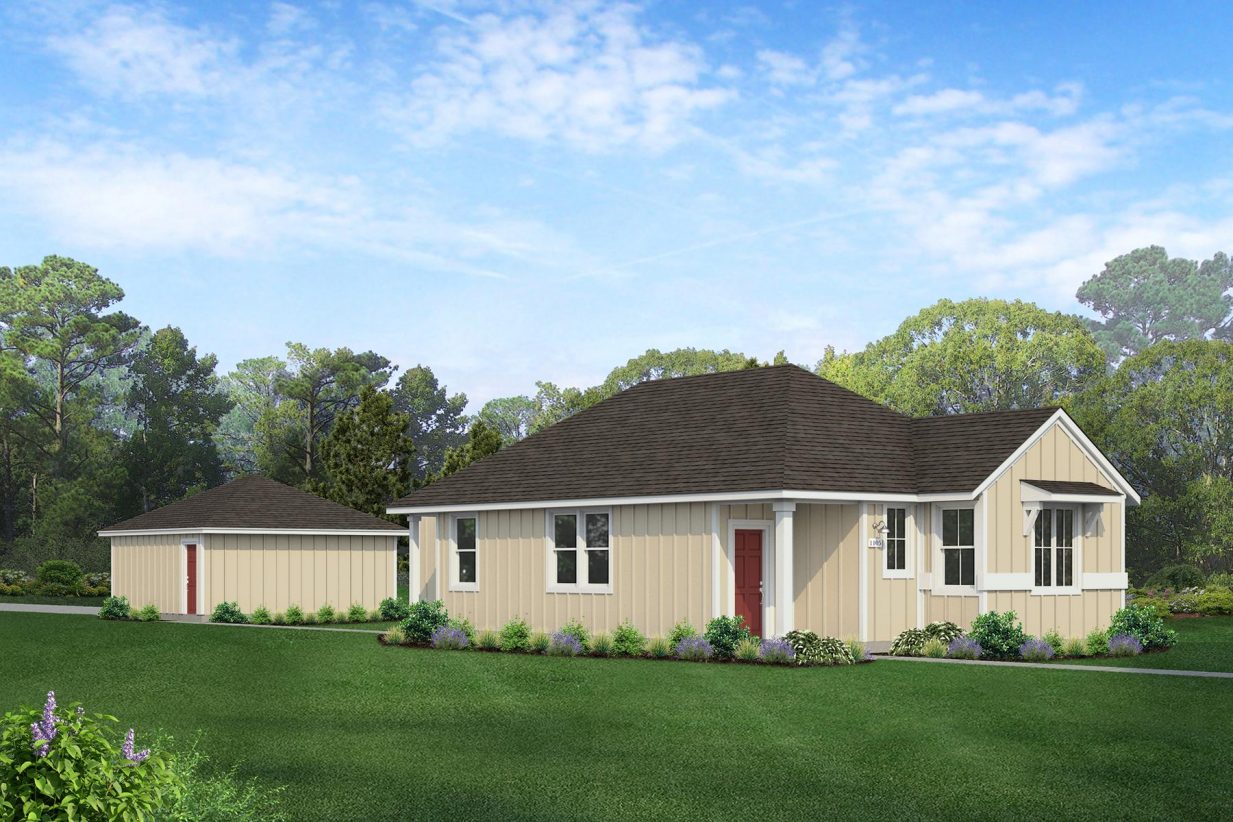Rendering of one story yellow home with red door and detached garage with sky and landscaping