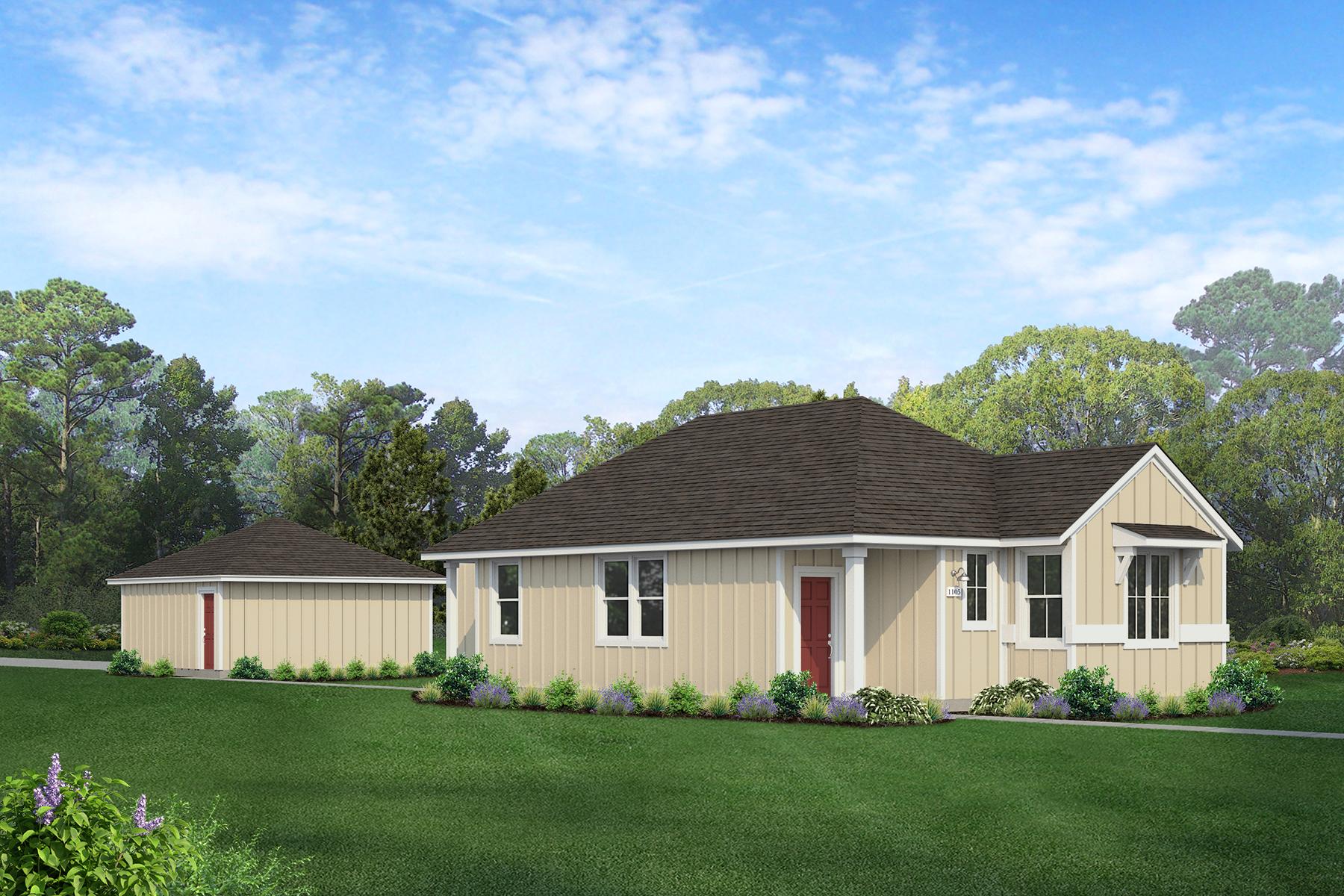 Rendering of one story yellow home with red door and detached garage with sky and landscaping