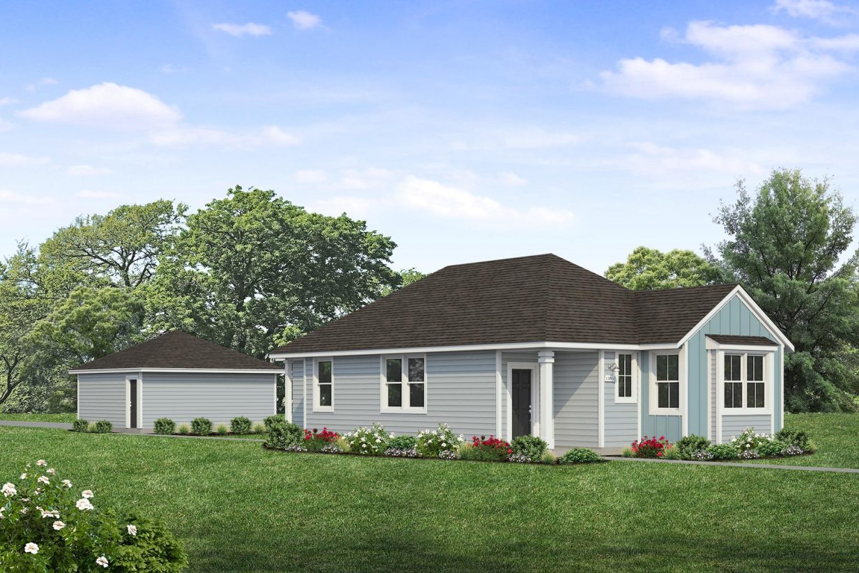 Rendering of one story two-toned blue home with black door and detached garage with sky and landscaping