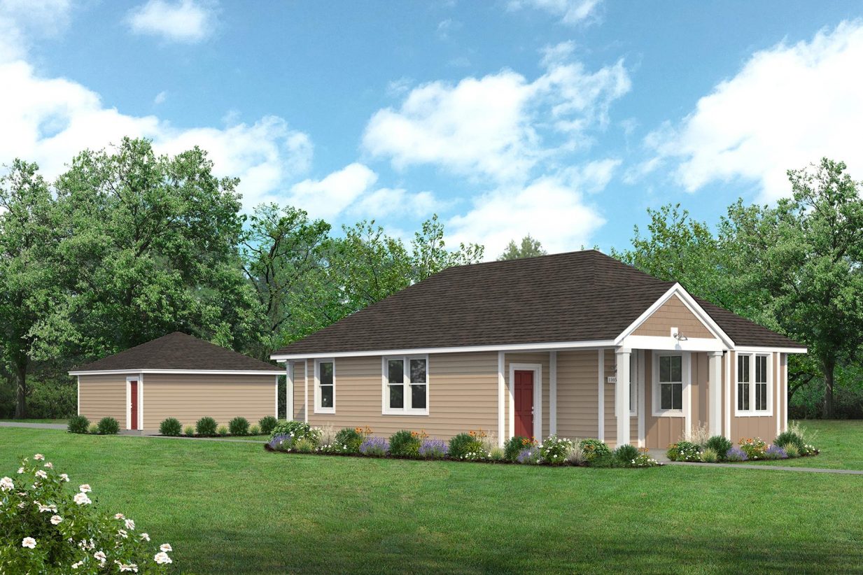 Rendering of one story khaki colored home with red door and detached garage with sky and landscaping