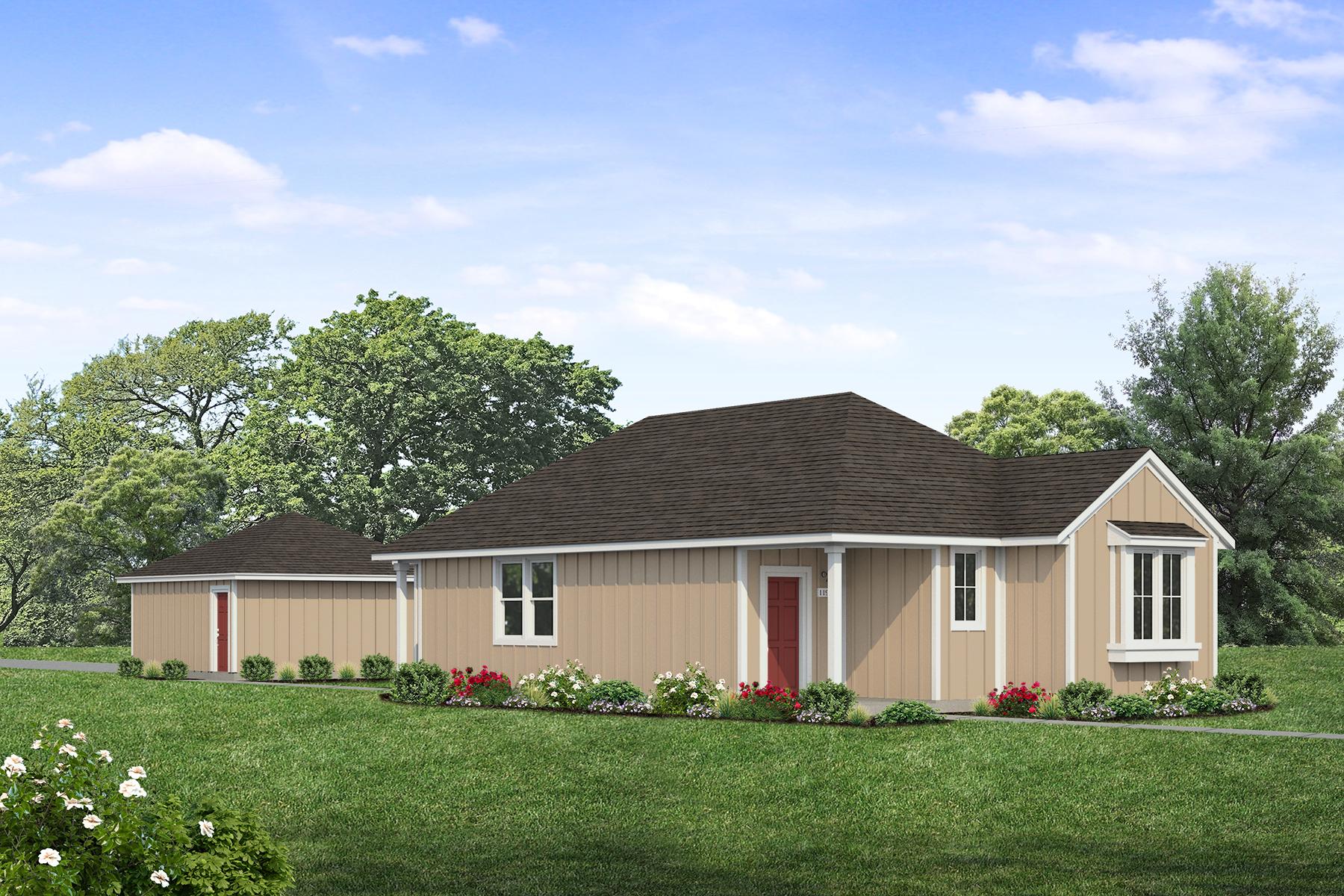 Rendering of one story khaki colored home with red door and detached garage with sky and landscaping