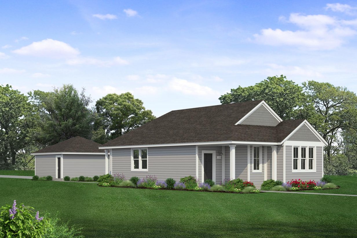 Rendering of one story two-toned grey home with black door and detached garage with sky and landscaping