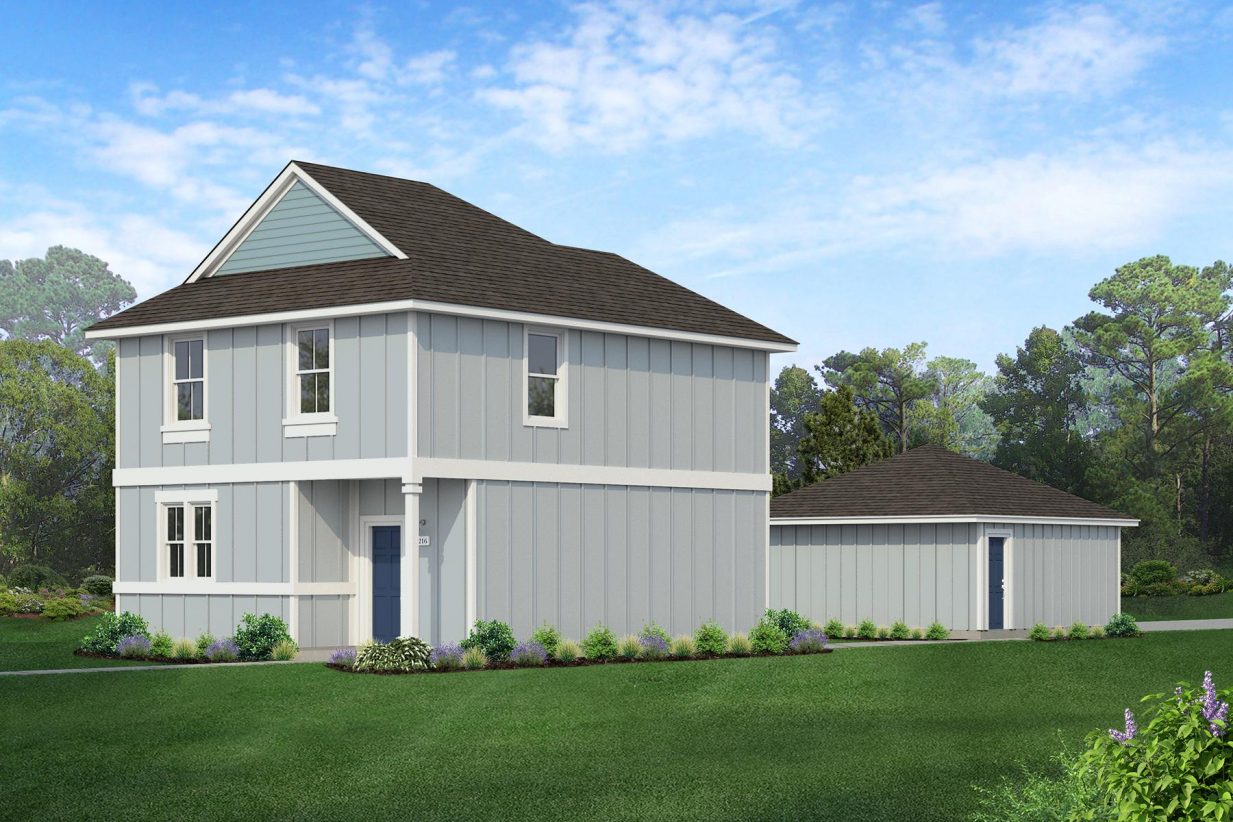 Rendering of two story two-tone blue home with blue door and detached garage with sky and landscaping