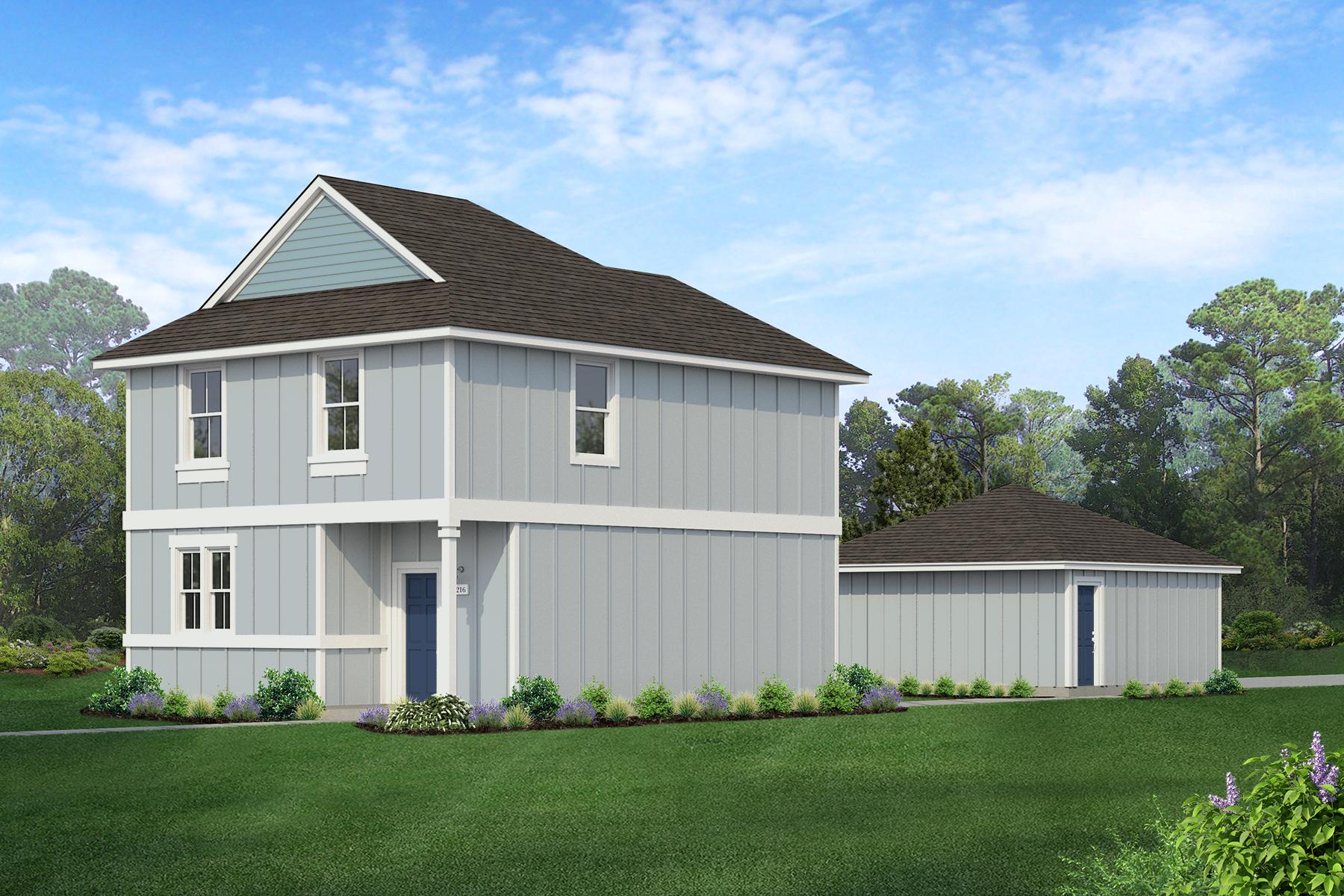 Rendering of two story two-tone blue home with blue door and detached garage with sky and landscaping