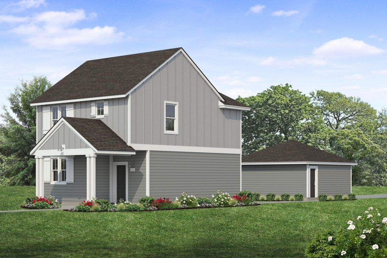 Rendering of two story two-tone grey home with black door and detached garage with sky and landscaping