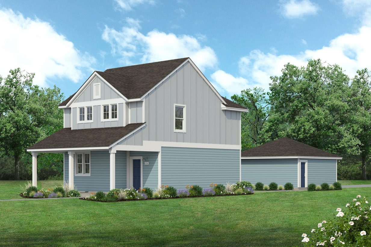 Rendering of two story two-tone blue home with blue door and detached garage with sky and landscaping