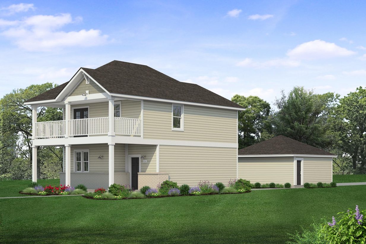 Rendering of two story yellow and green home with black door and light painted brick with second-story balcony with white railing and detached garage with sky and landscaping