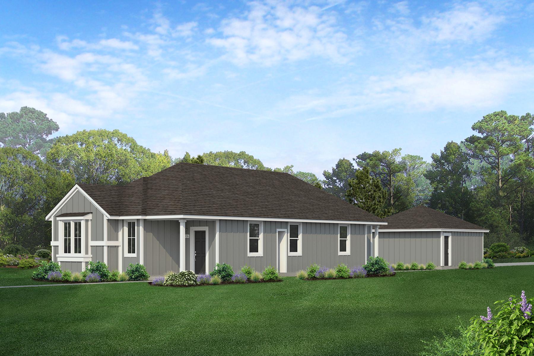 Rendering of one story grey home with black door and detached garage with sky and landscaping