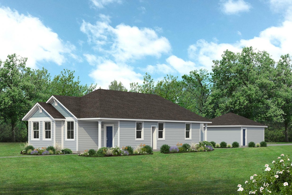 Rendering of one story two-toned blue home with blue door and detached garage with sky and landscaping