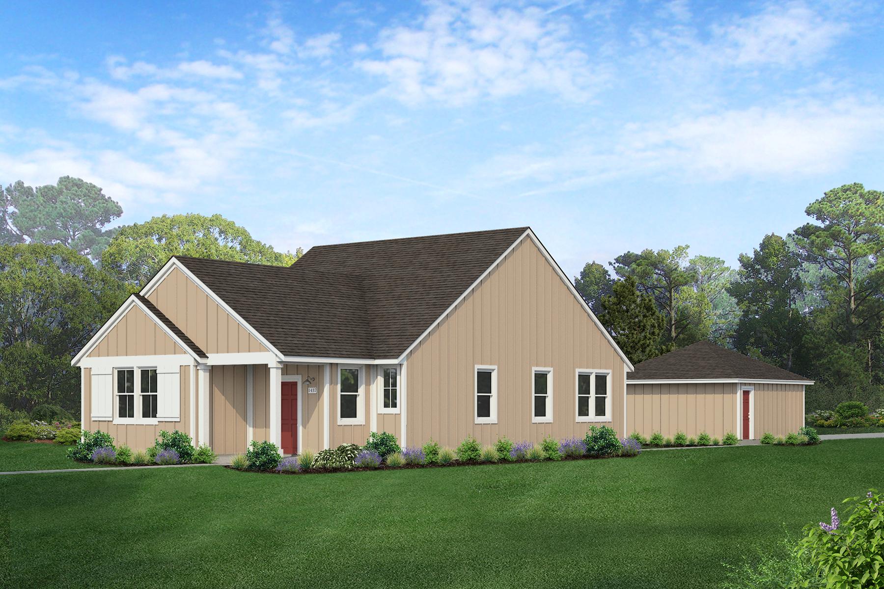Rendering of one story two-tone tan home with red door and detached garage with sky and landscaping