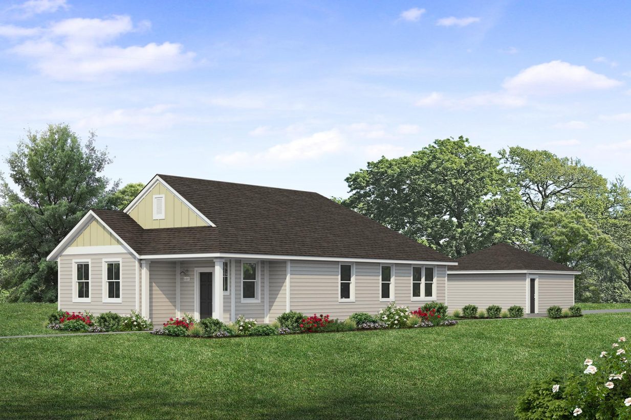 Rendering of one story yellow and light tan home with black door and detached garage with sky and landscaping