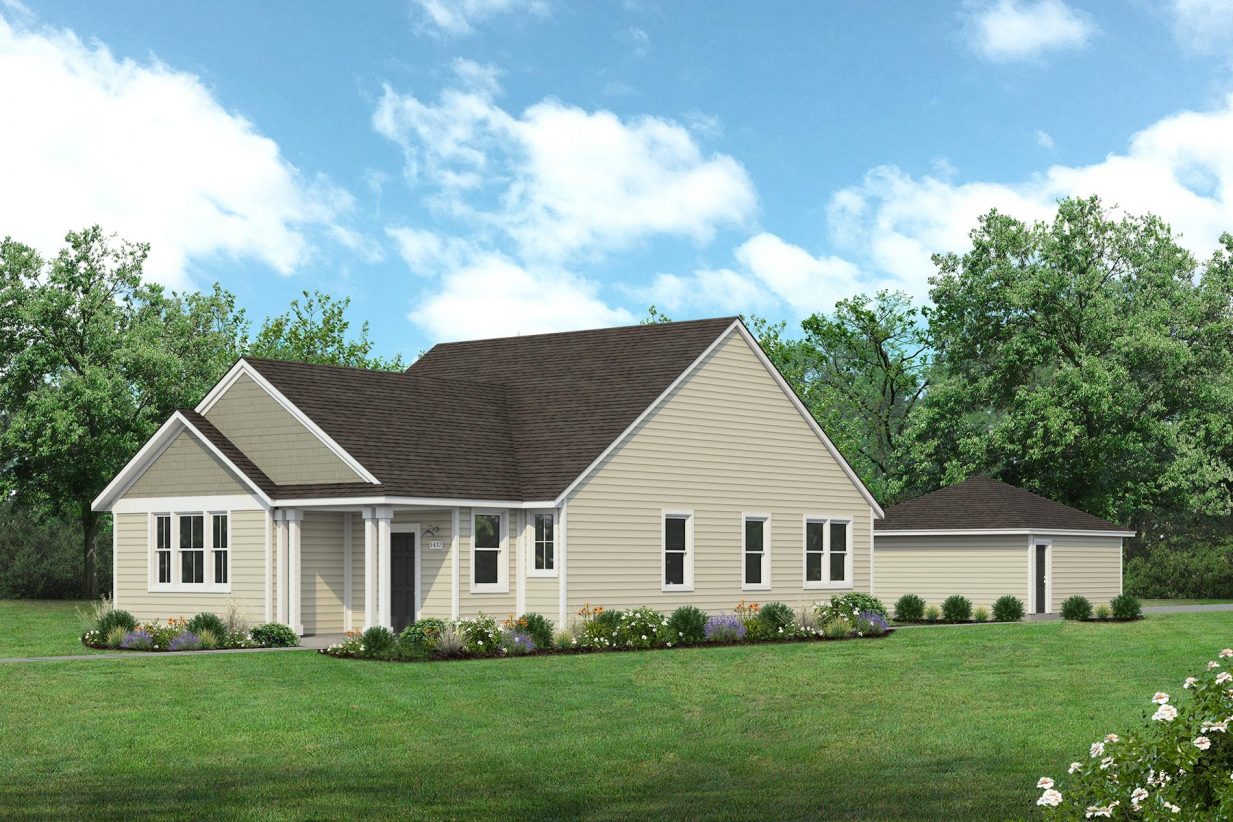 Rendering of one story two-tone green home with black door and detached garage with sky and landscaping