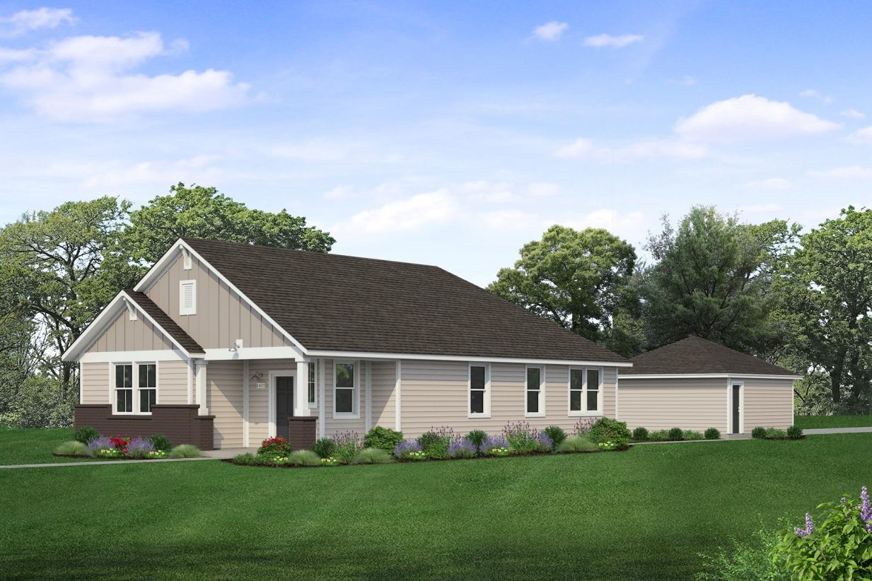 Rendering of one story two-tone tan home with dark brown painted brick, black door, and detached garage with sky and landscaping
