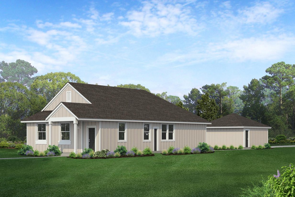 Rendering of one story tan home with black door and detached garage with sky and landscaping