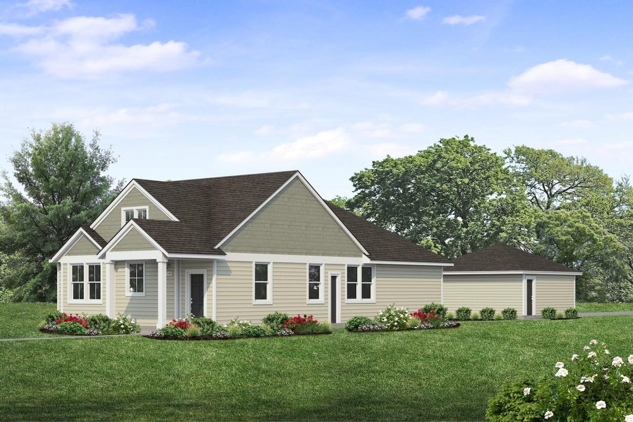 Rendering of one story two-toned green home with black door and detached garage with sky and landscaping