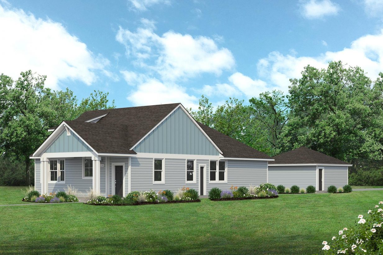 Rendering of one story two-toned blue home with black door and detached garage with sky and landscaping