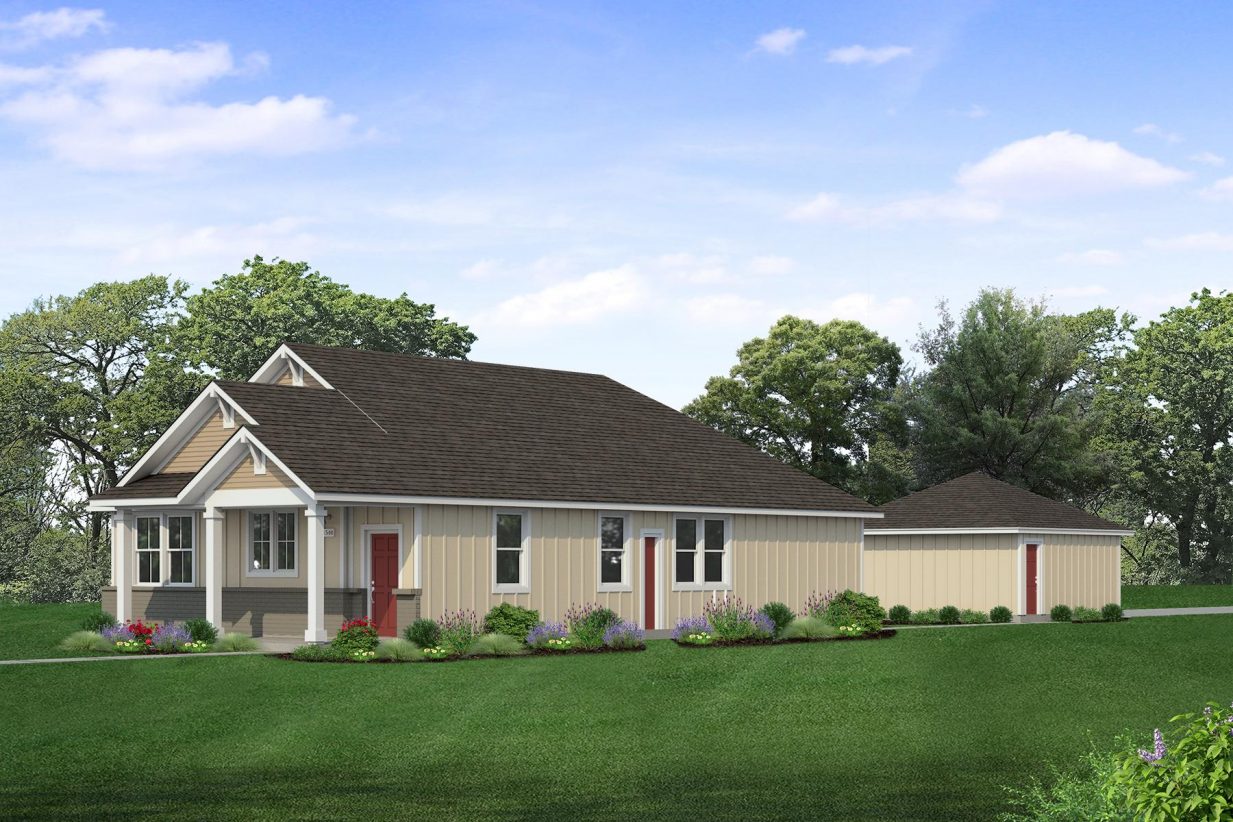 Rendering of one story two-tone tan home with tan painted brick, black door, and detached garage with sky and landscaping