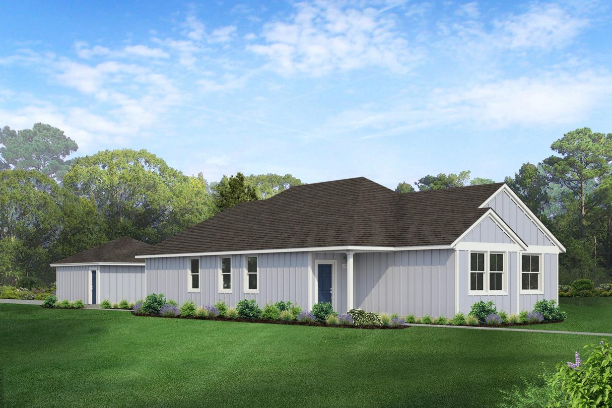 Rendering of one story two-toned blue home with blue door and detached garage with sky and landscaping