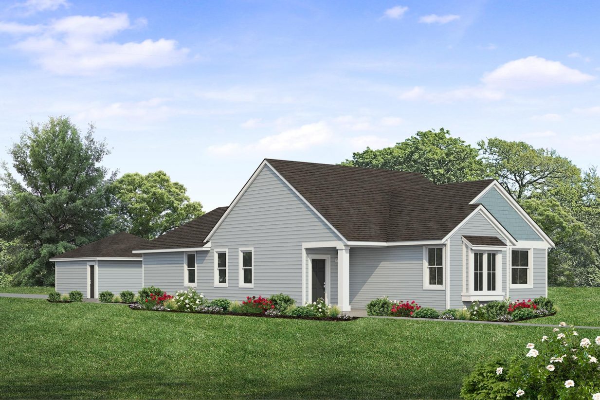 Rendering of one story two-tone blue home with black door and detached garage with sky and landscaping