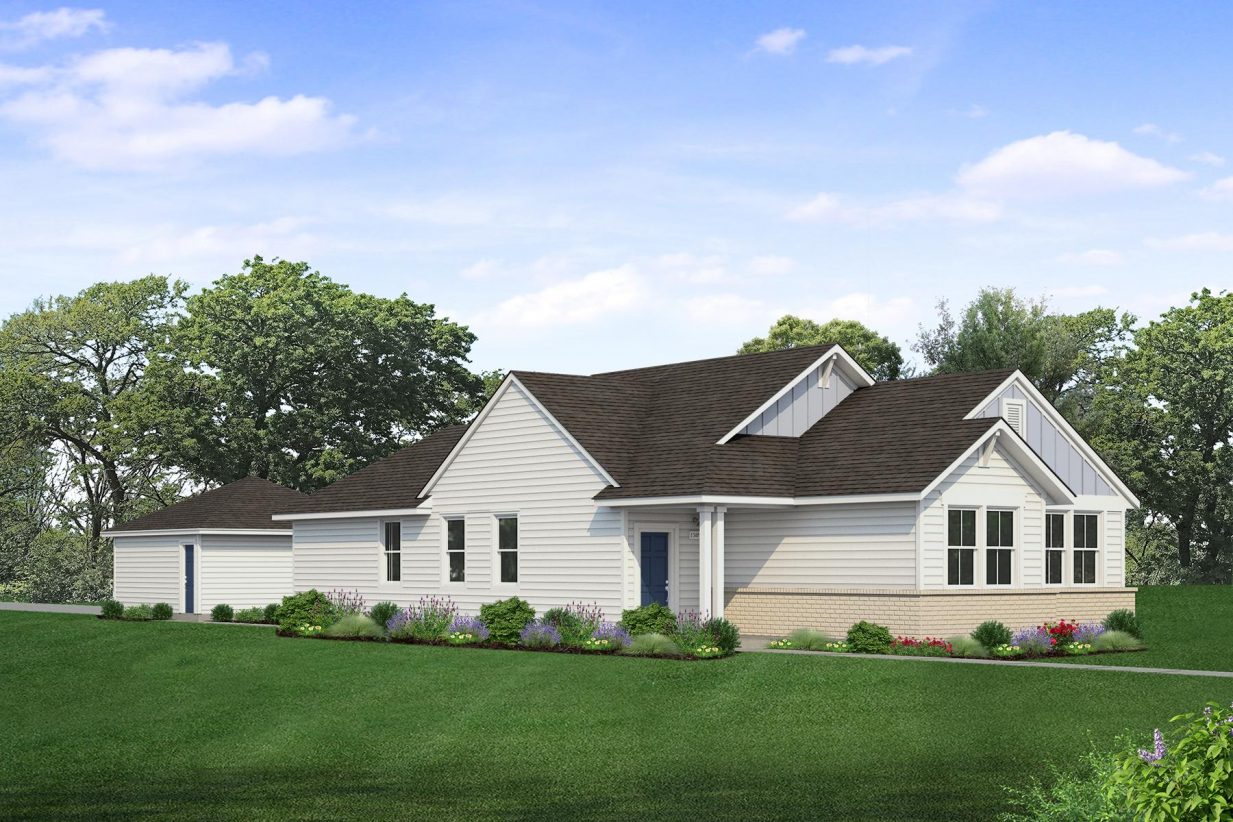 Rendering of one story white and blue home with blue door, light painted brick accent, and detached garage with sky and landscaping