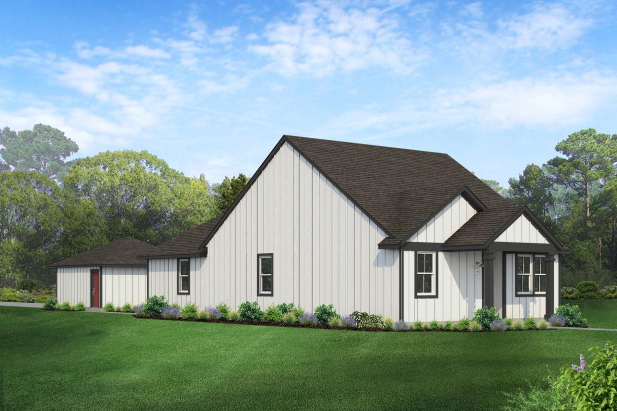 Rendering of one story white home with black accents and red door and detached garage with sky and landscaping