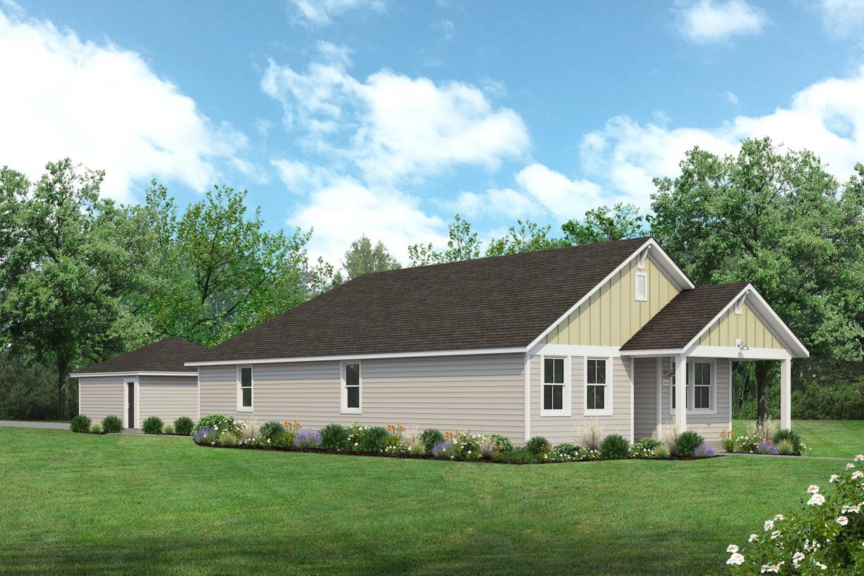 Rendering of one story yellow and tan home with black door and detached garage with sky and landscaping