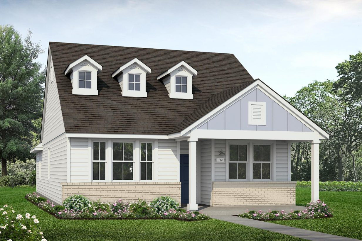 Rendering of one story home with 2 dormer windows, light blue accents, white paint, and light painted brick with landscaping and sky