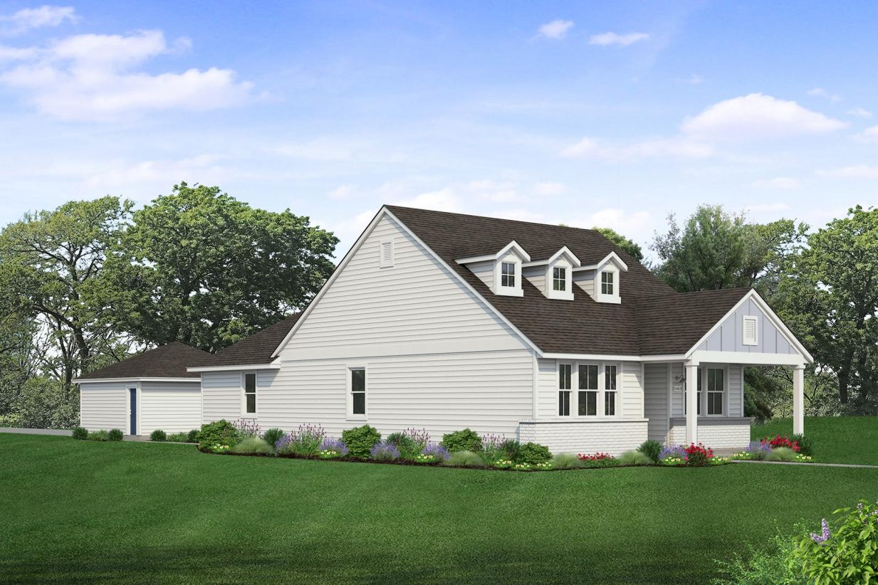 Rendering of one story home with 2 dormer windows, light blue accents, white paint, and light painted brick with detached garage, landscaping and sky