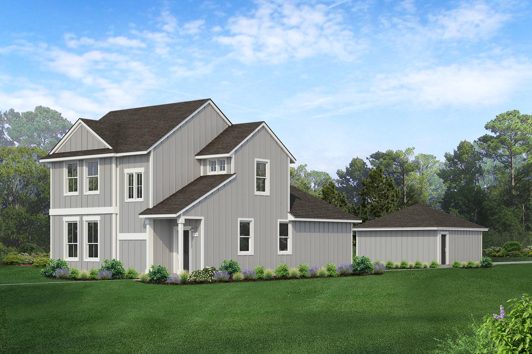 Rendering of two story grey home with black door and detached garage with landscaping and sky