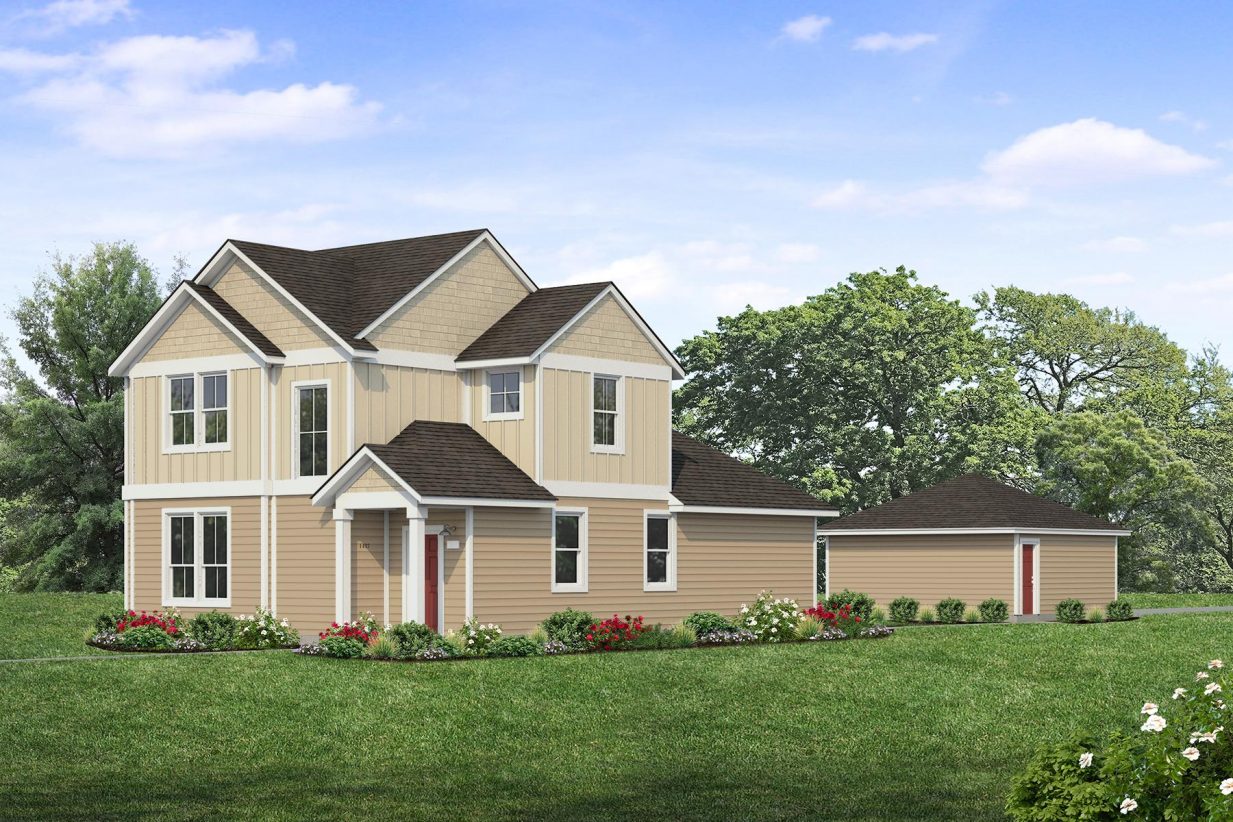 Rendering of two story two-tone yellow/tan home with red door and detached garage with landscaping and sky