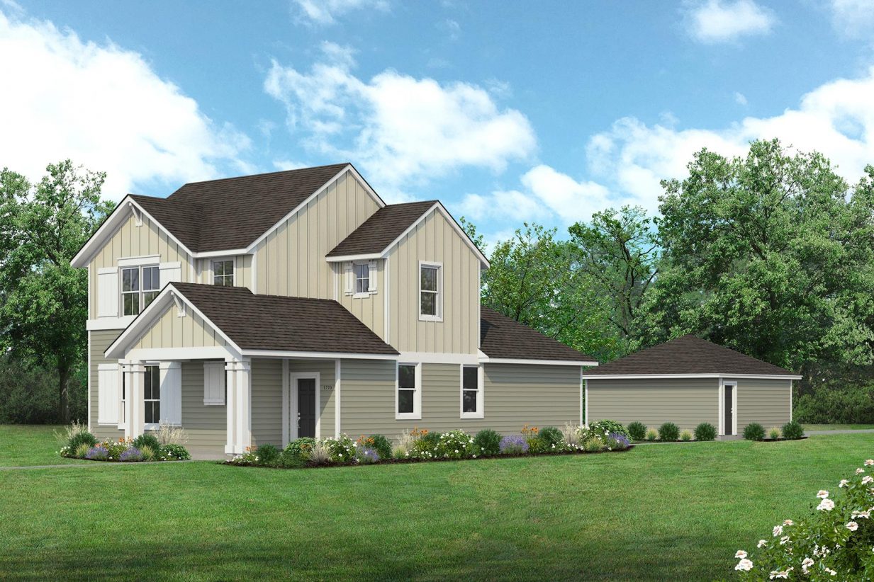 Rendering of two story two-tone green home with black door and detached garage with landscaping and sky