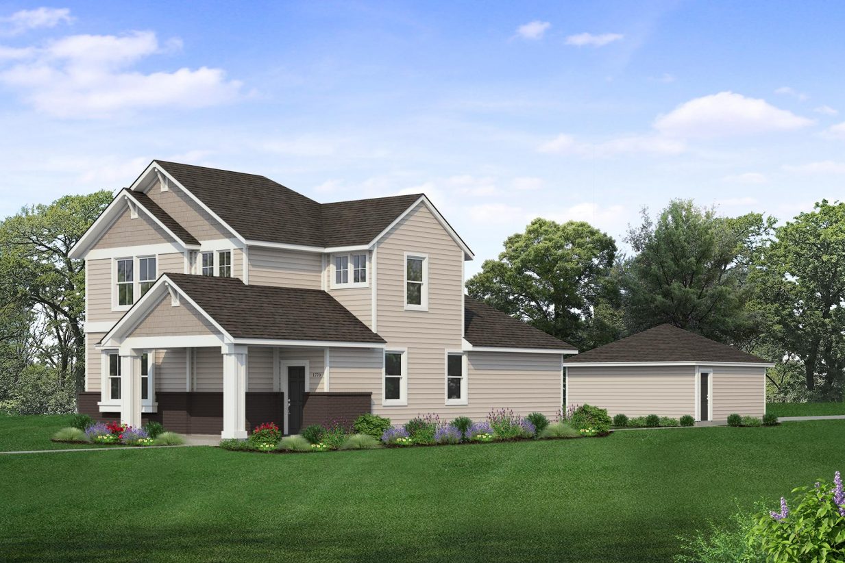 Rendering of two story two-ton tan home with dark brown painted brick, black door, and detached garage with landscaping and sky