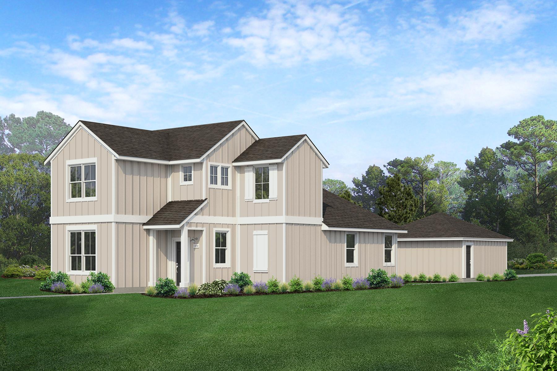 Rendering of two story light tan home with black door and detached garage with landscaping and sky