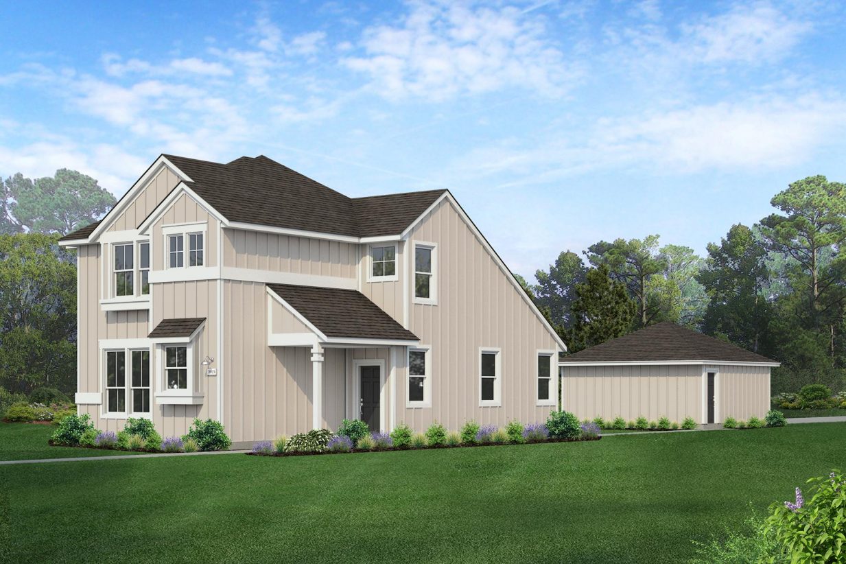 Rendering of two story light tan home with black door and detached garage with landscaping and sky