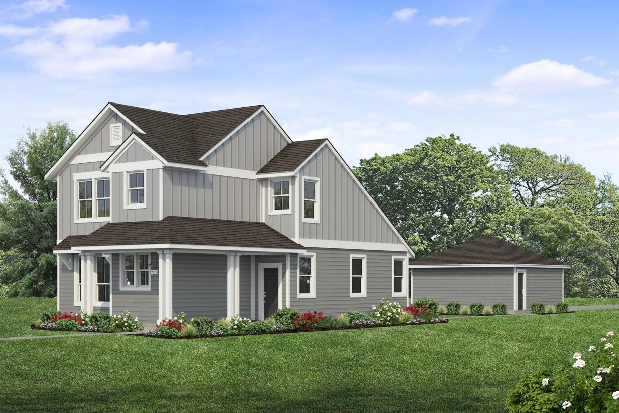 Rendering of two story two-tone grey home with black door and detached garage with landscaping and sky
