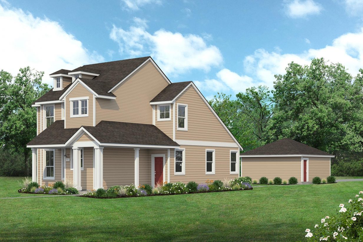Rendering of two story khaki colored home with red door with landscaping and sky