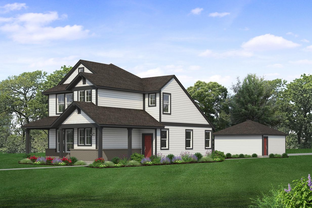 Rendering of two story white home with black accents, dark painted brick, red door and detached garage with sky and landscaping