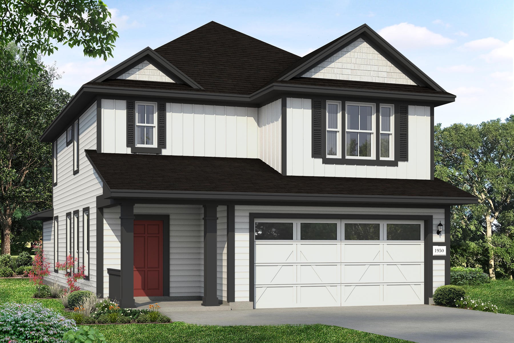 An exterior rendering of a white two-story home with a red door and black framing, and a white garage door, surrounded by green grass with a blue sky in the background.