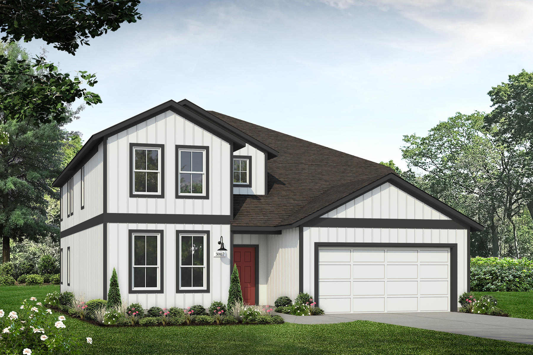 Exterior of white two-story farm house styled home with a red door and a garage