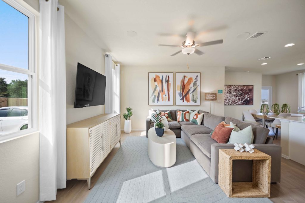 Living room with colorful pillows and art, a tan coffee table, grey run and green plants with a kitchen in the background.
