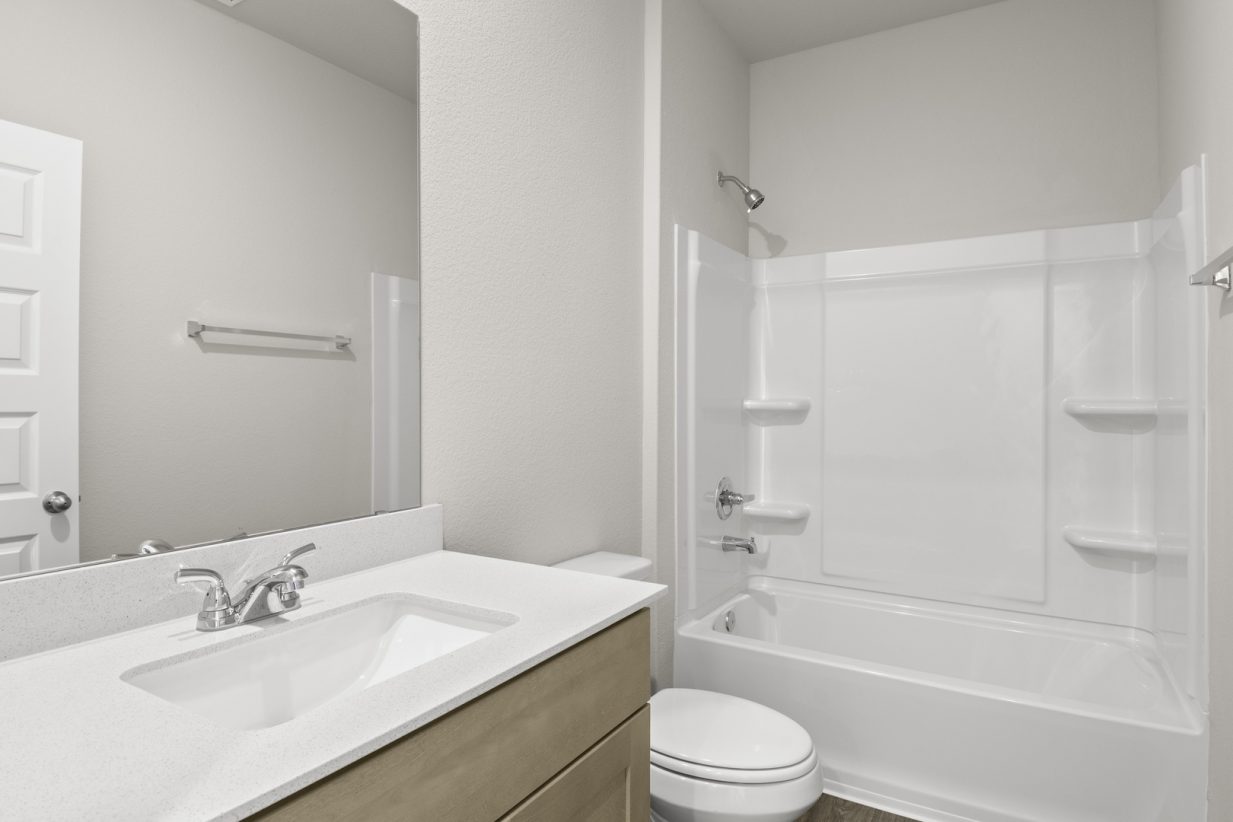 Image of bathroom with a shower and tub and a mirror with vanity