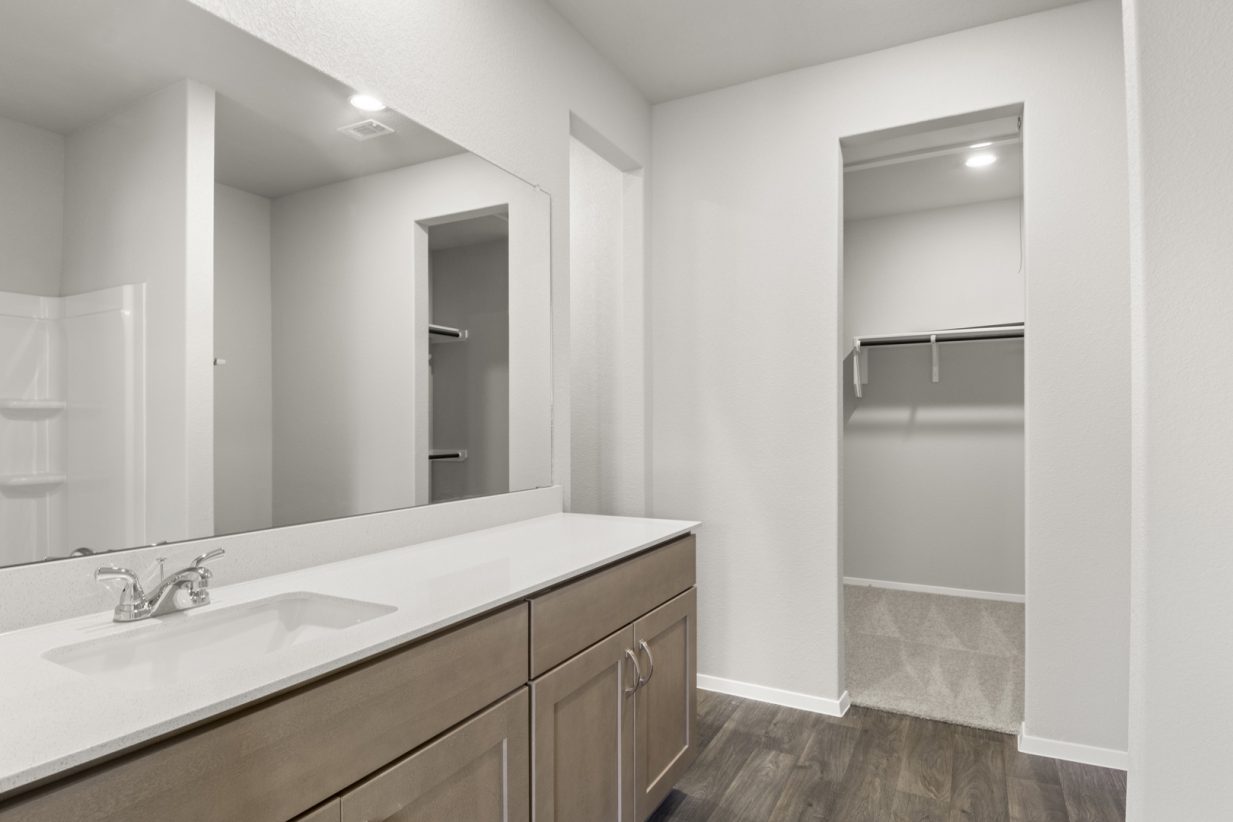 Image of a primary bathroom with light brown cabinets, a white vanity with a large mirror, and a connecting closet