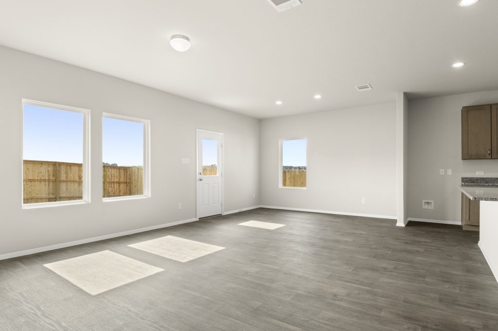 Image of a living room with dark vinyl flooring, light grey walls and windows with a white back door