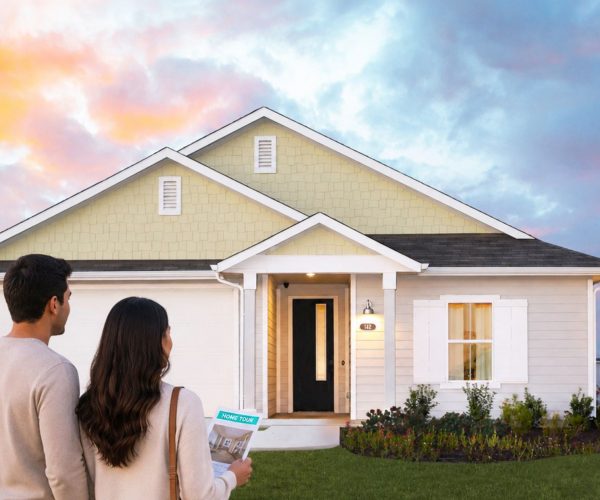 A picture of the back of couple wearing tan sweaters with brunette facing a one story yellow home with white trimming and a white garage door with a colorful sky with clouds in the background.