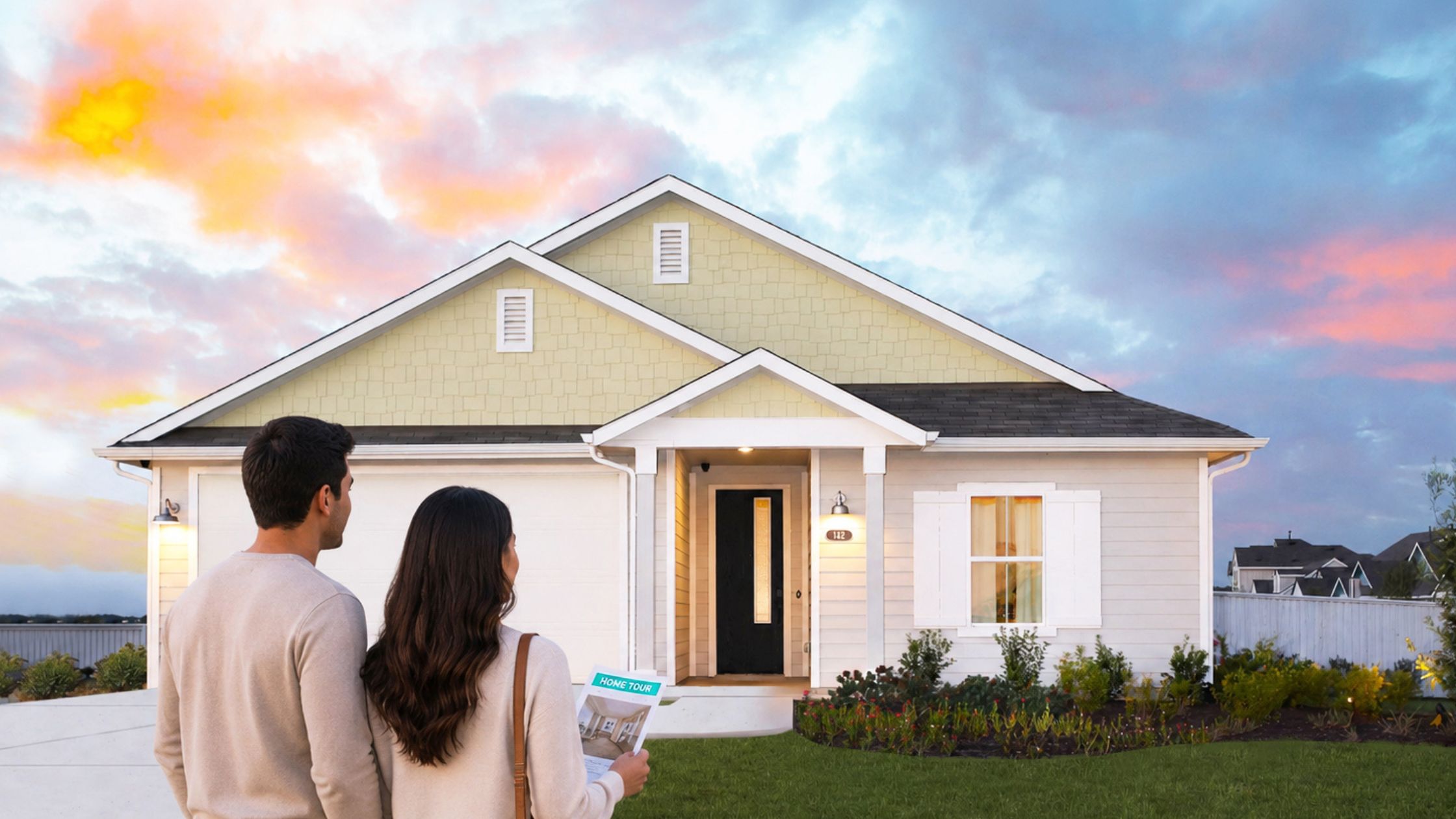 A picture of the back of couple wearing tan sweaters with brunette facing a one story yellow home with white trimming and a white garage door with a colorful sky with clouds in the background.