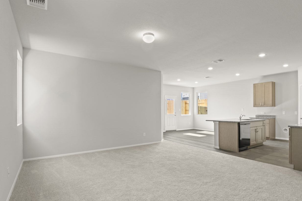 Image of living room with tan carpeting and light grey walls with a window