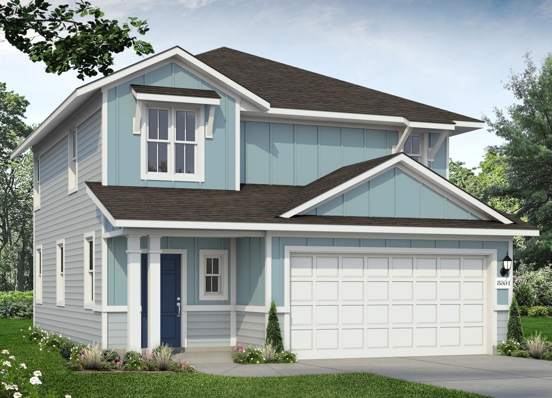 Rendering of two-story two-tone blue home with blue front door, white trim and garage door