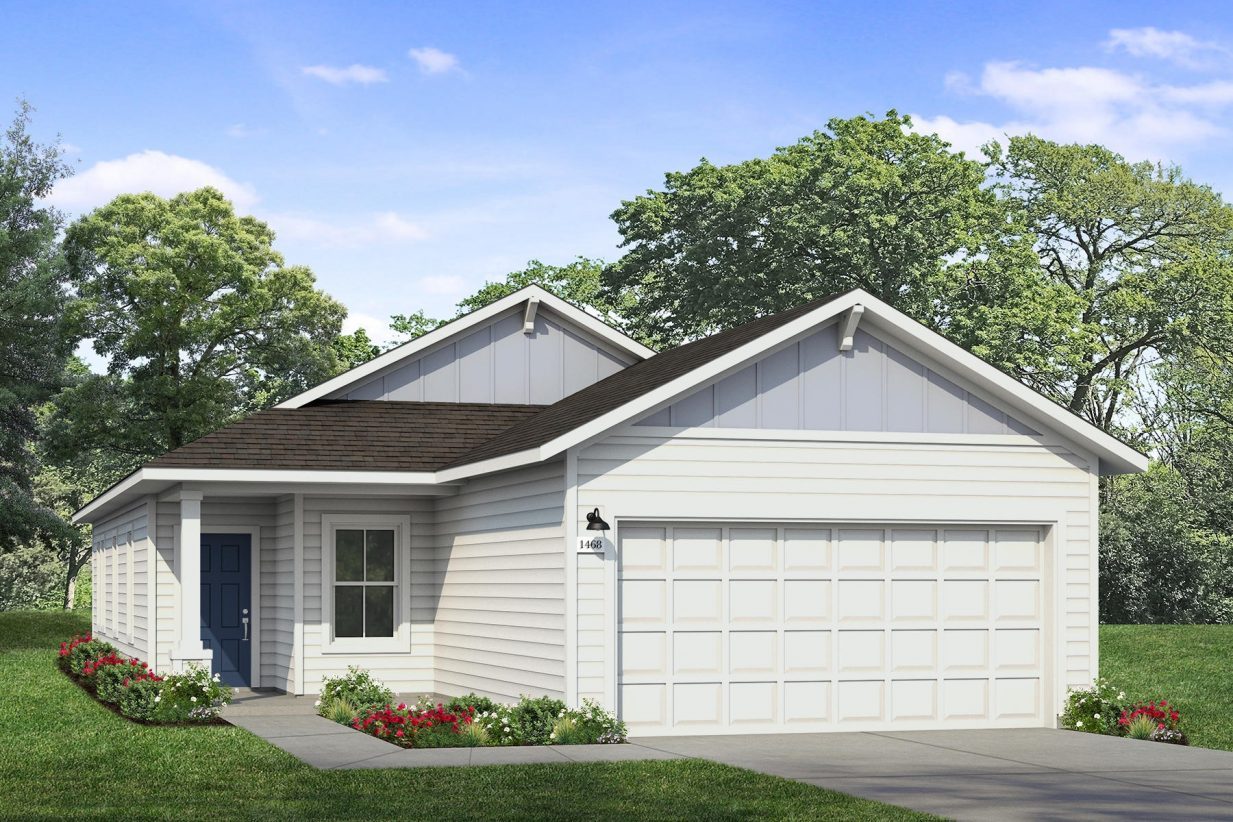 Front exterior of a blue single-story home with a blue front door and white garage door.